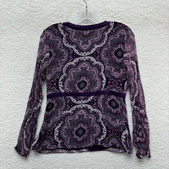 Y2K Vintage Silk Mesh Babydoll Blouse Top 6 M Medium Purple Paisley Boho Grunge - Picture 2 of 8
